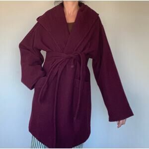 Red Wine, Vintage Winter Coat with Hood, Belt, and Bell Sleeves